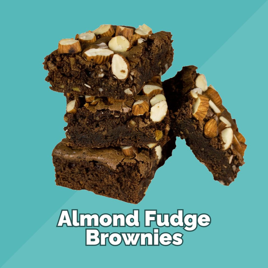 Chocolate Brownies topped with chopped almonds on a teal background. The words "Almond Fudge Brownies" appear at the bottom.