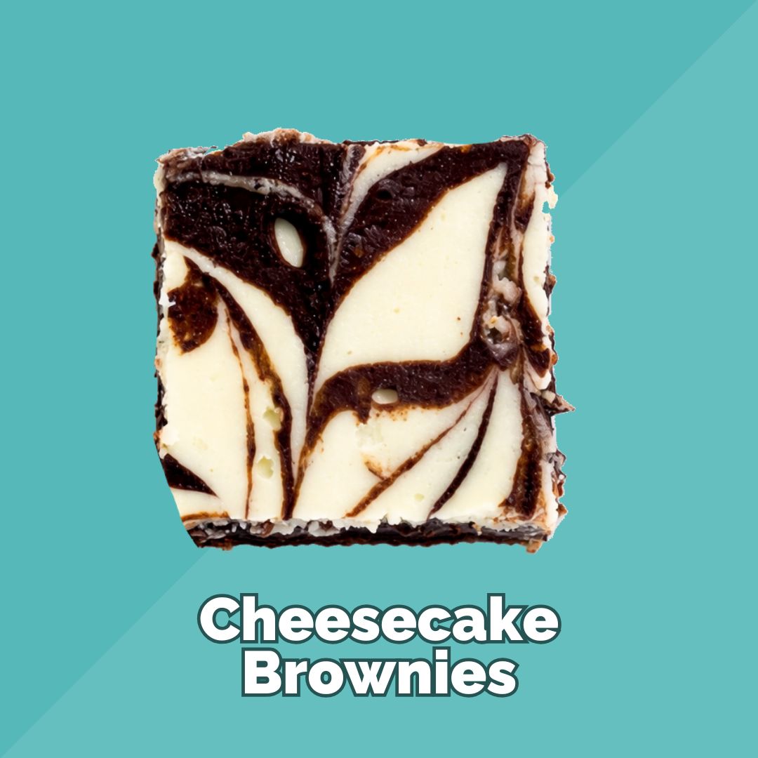 Cheesecake Brownie with chocolate and cream cheese swirl on a teal background. The term "Cheesecake Brownies" appears at the bottom.