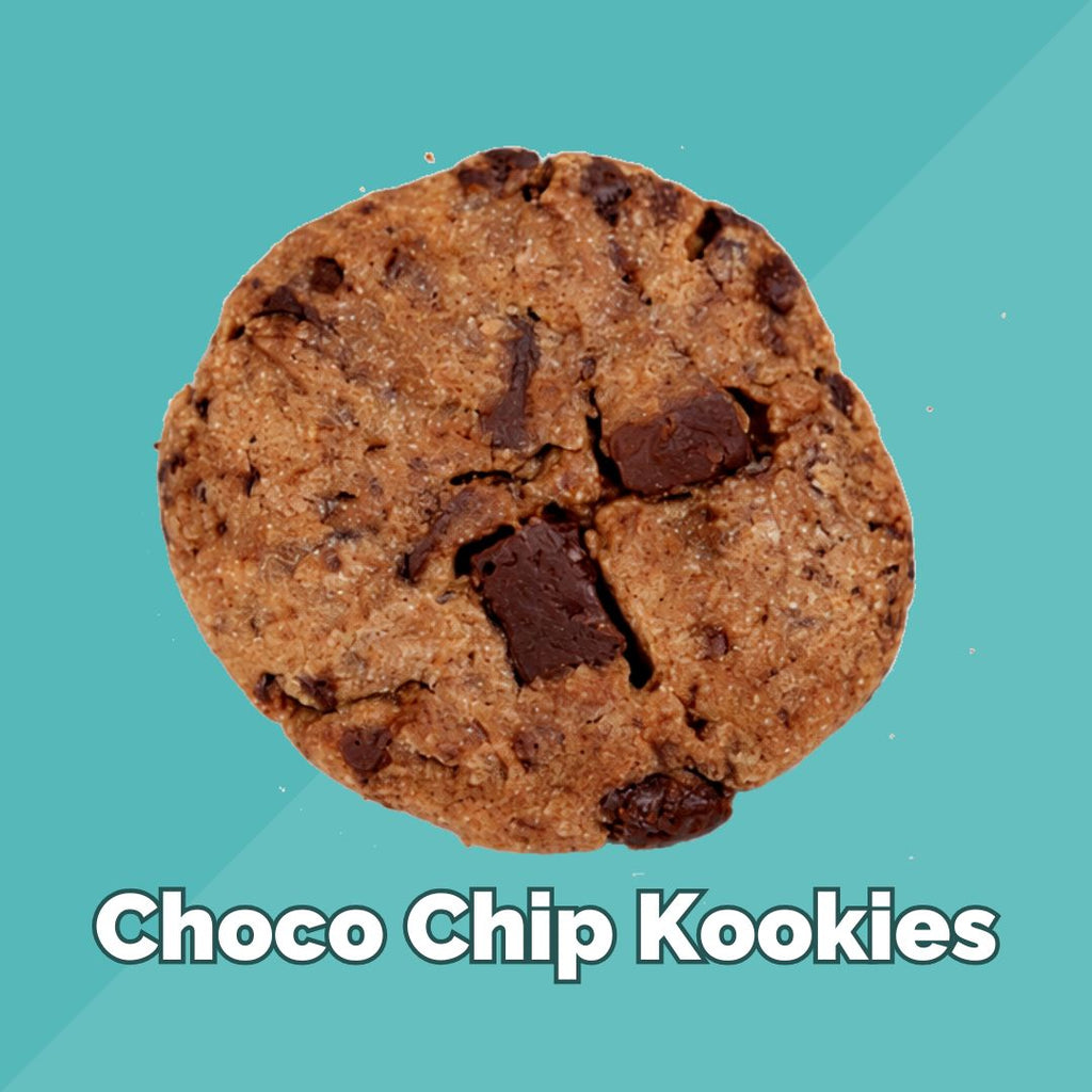 A single chocolate chip Kookie on a teal background with 'Choco Chip Kookies' text.