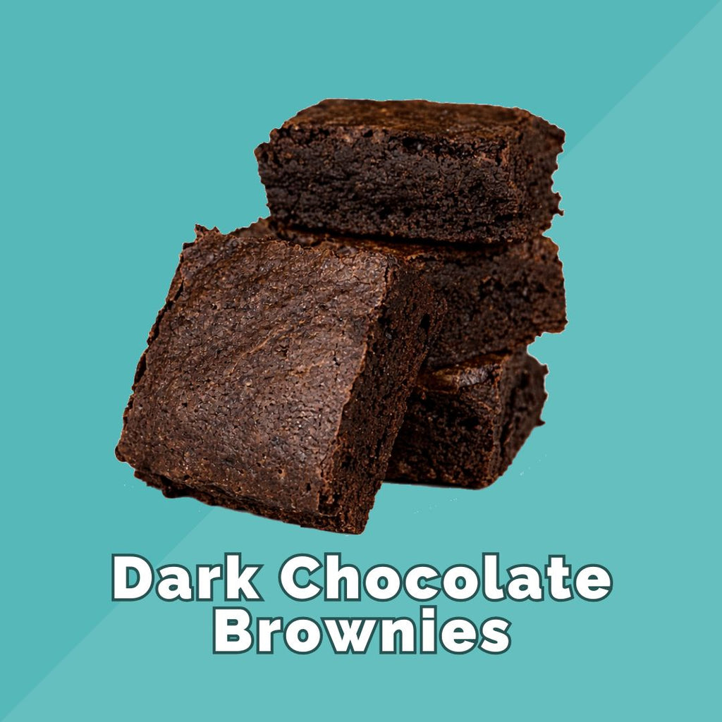 Stack of dark chocolate brownies on a teal background with 'Dark Chocolate Brownies' text.