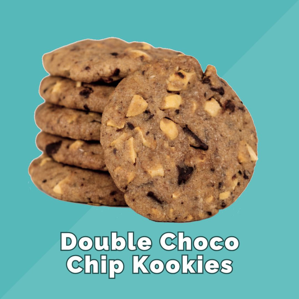 Stack of white and dark chocolate chip Kookies on a teal background with text 'Double Choco Chip Kookies'.